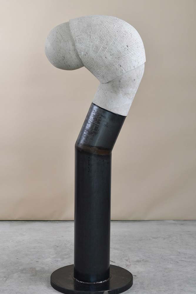 Chrysalis, a 2025 limestone and steel sculpture by Jay Swift, shown in full view