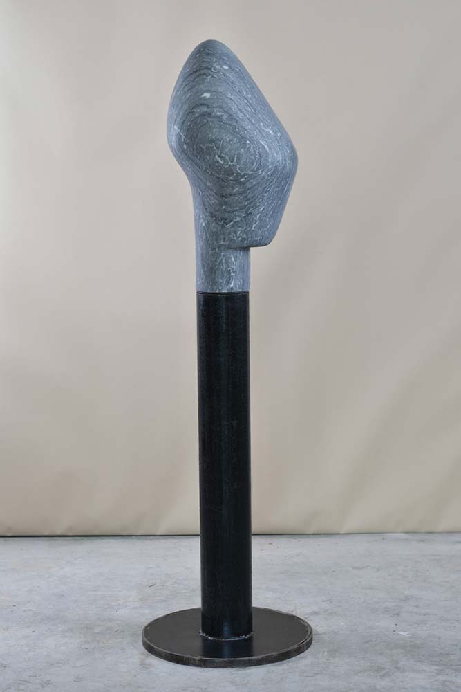 Effigy II, a 2024 marble and steel sculpture by Jay Swift, shown in full view