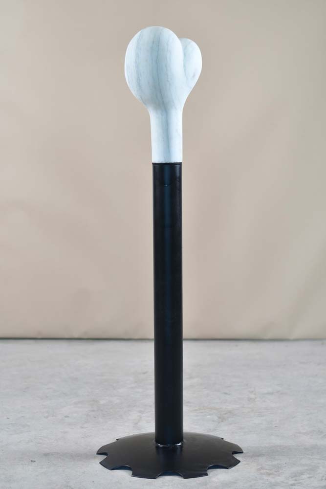 Peach, a 2024 abstract marble and steel sculpture by contemporary sculptor Jay Swift, shown in full view