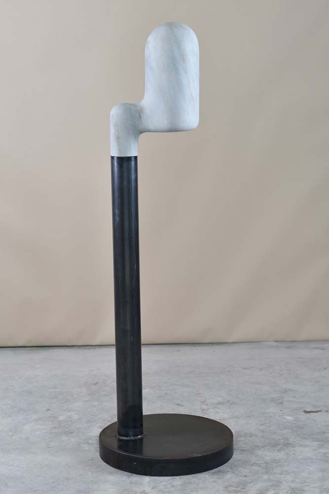 Ponder, a 2026 abstract marble and steel sculpture by contemporary sculptor Jay Swift, shown in full view