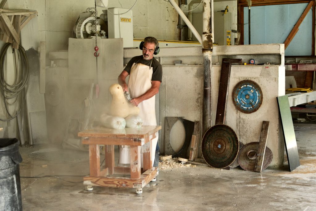 Stone Sculptor Jay Swift working in the studio